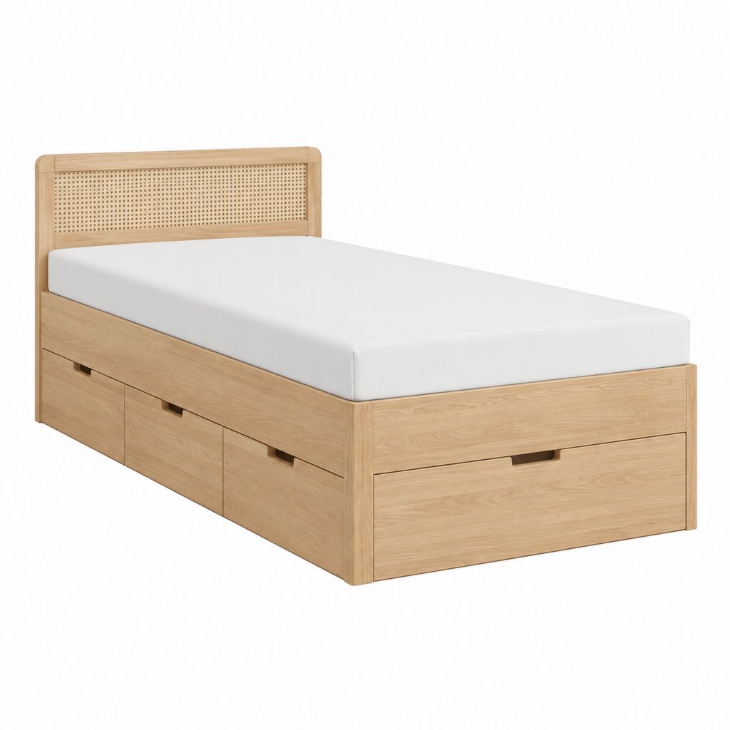 Einzelbett mit Stauraum Natur Eichenfurnier Rattan 90 x 200 cm