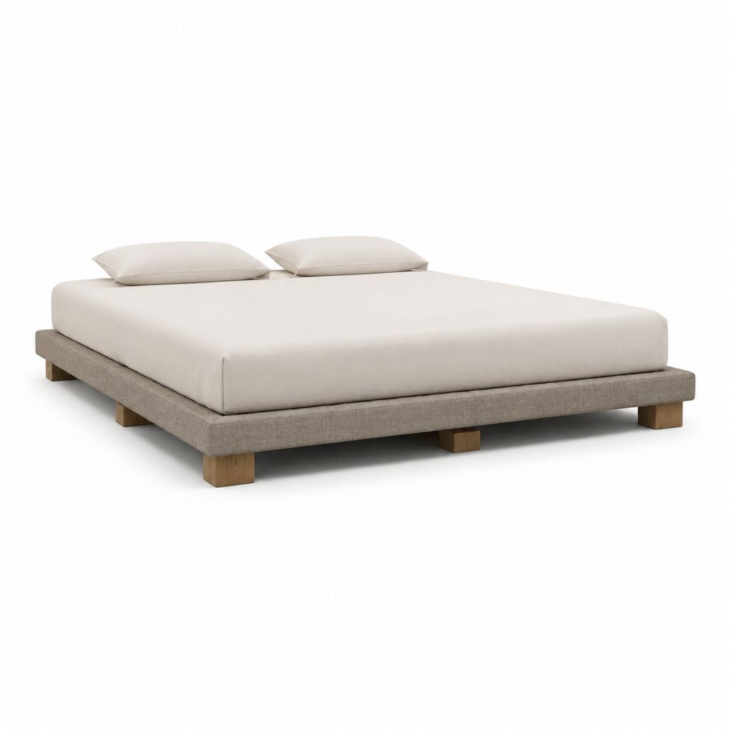 Bettgestell Polsterbett Beige Polyester rechteckig 180 x 200 cm mit Kiefernholzfüßen