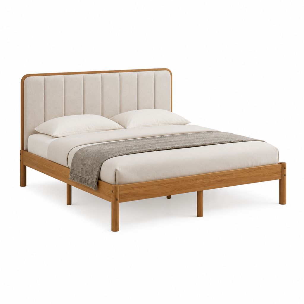 Polsterbett Bettgestell Natur Beige aus massivem Gummibaumholz und Polyester 160 x 200 cm