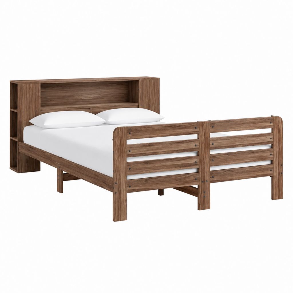 Doppelbett Bettgestell Walnussoptik Holzwerkstoff rechteckig mit Regal Kopfteil 160 x 200 cm