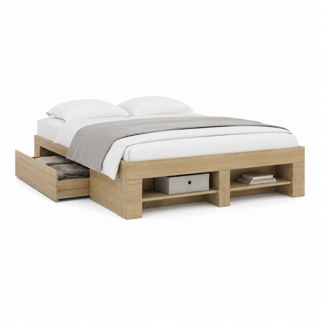 Doppelbett Bettgestell mit Stauraum Natur-Eiche Spanplatte rechteckig 160 x 200 cm