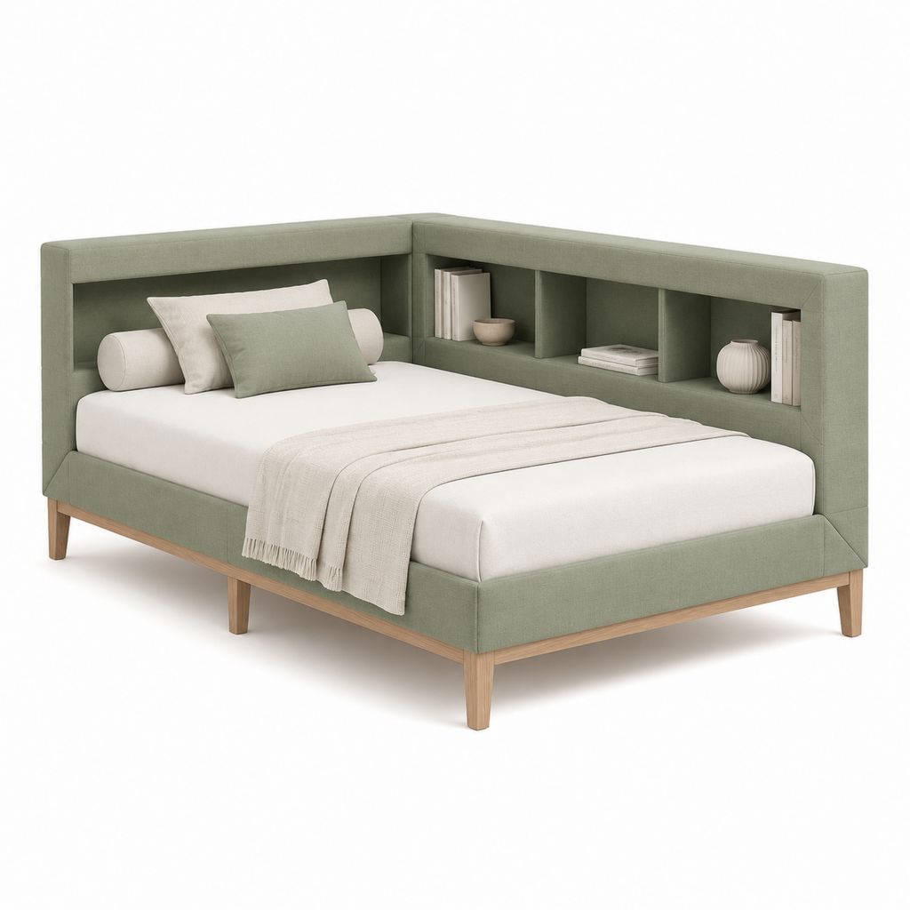 Doppelbett mit Regal Salbeigrün Polyester Rechteckig 160 x 200 cm