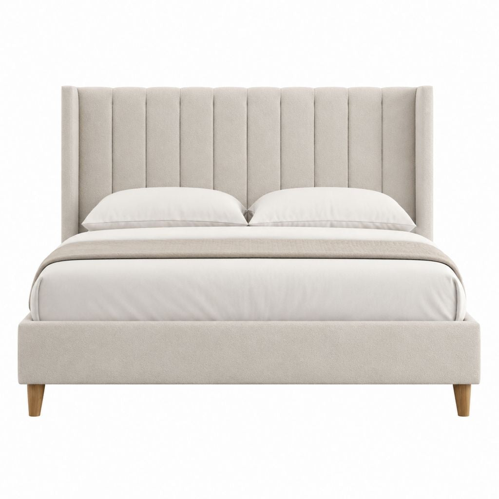 Polsterbett Doppelbett Beige mit Polyesterbezug und vertikal gepolstertem Kopfteil 160 x 200 cm