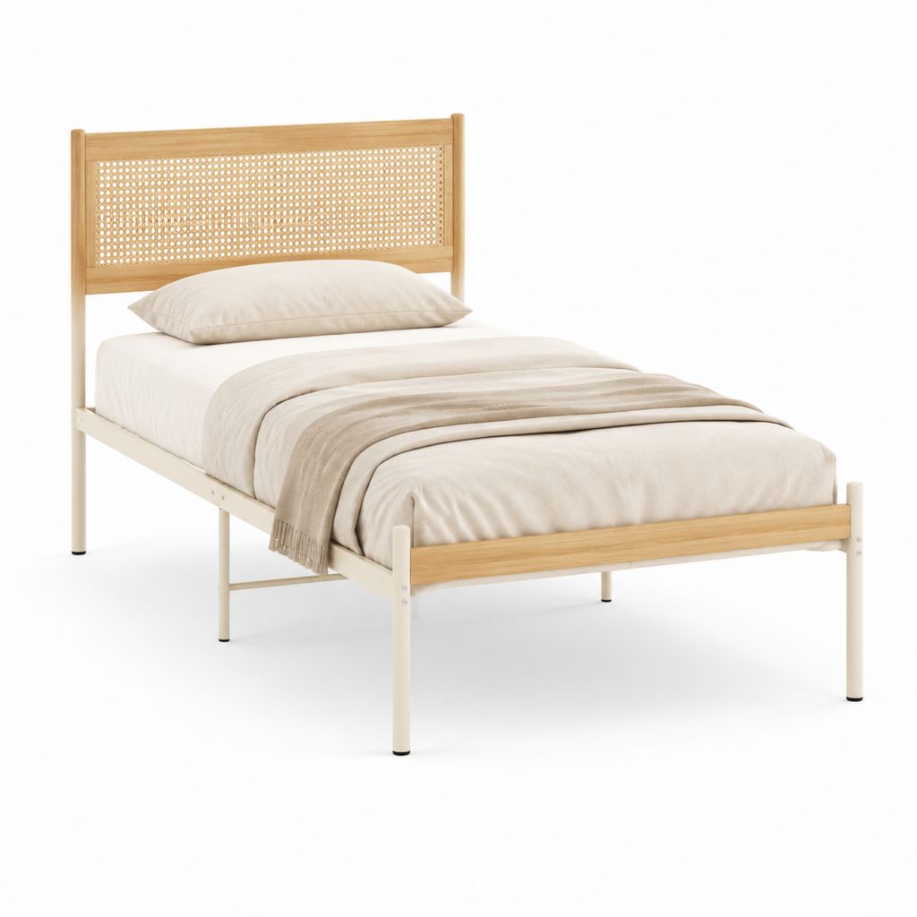 Einzelbett Bettgestell Naturweiß aus massivem Gummibaumholz und Rattan 90 x 200 cm